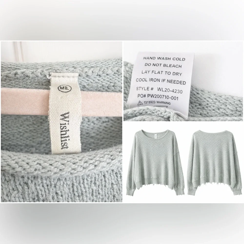 Wishlist Sage Green Textured Knit Sweater | Boho‎ Raw Hem Oversized Sweater M/L